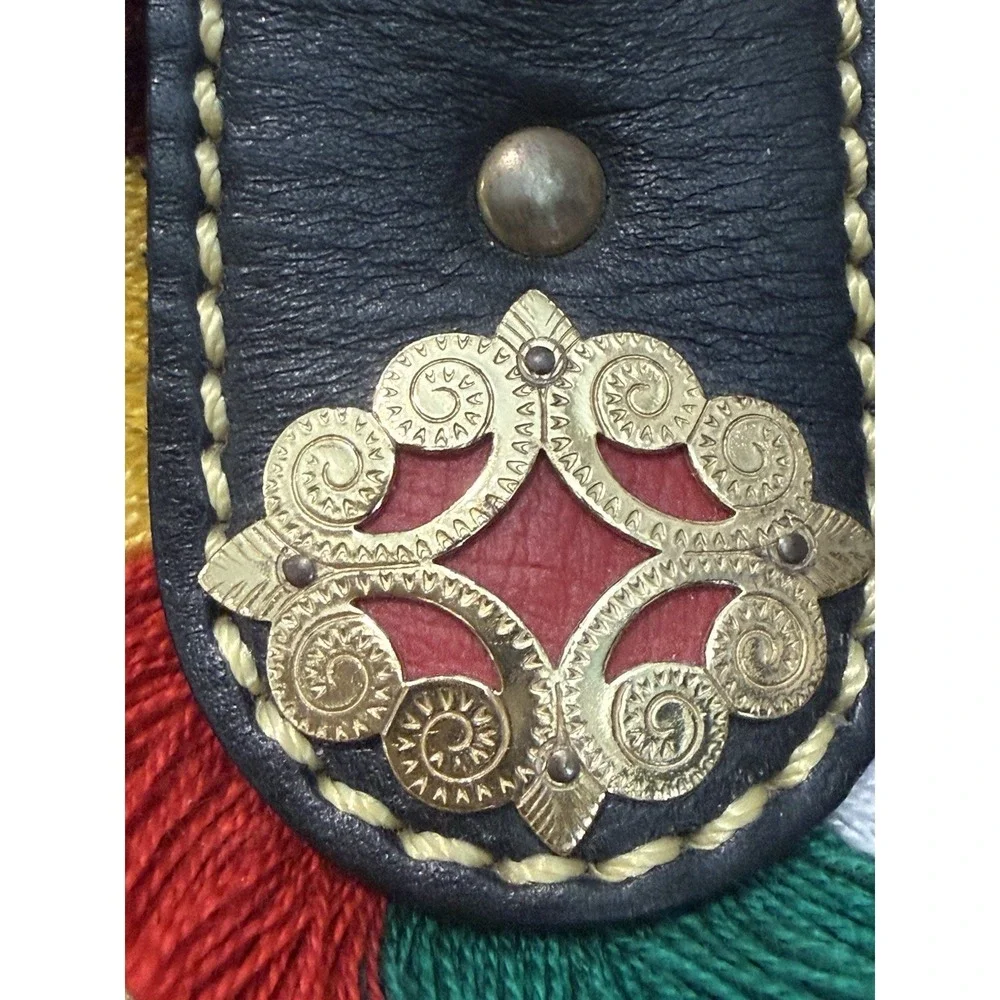 Vintage brass bronze cowbell decorated leather strap alpine folk art souvenir